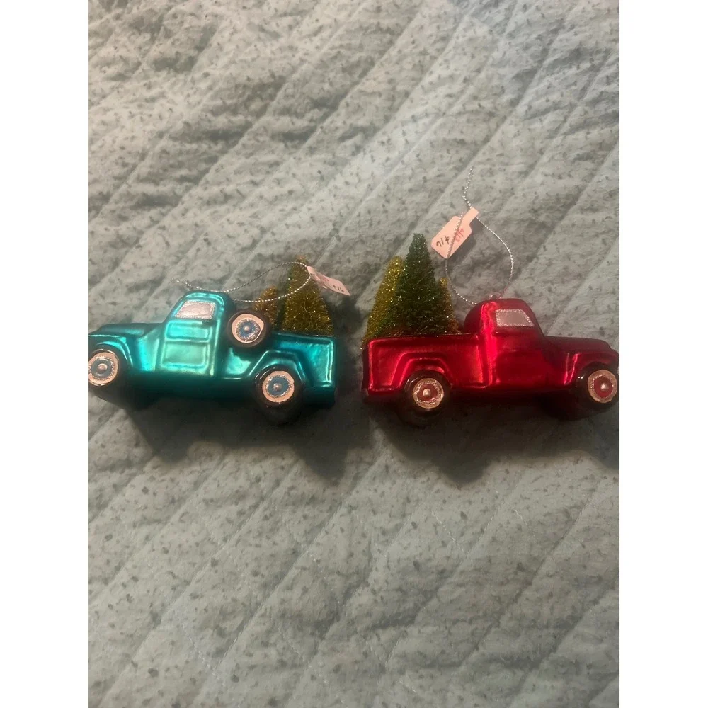 Set of 2 Glass Pickup‎ Truck Christmas Ornaments Red Teal Bottle Brush Trees